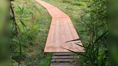 Der neue Bohlensteg bringt die Wanderer trockenen Fußes durch das Moos und verhindert Beschädigungen der sensiblen Natur.  (Foto: Rotary Club Wörthsee)