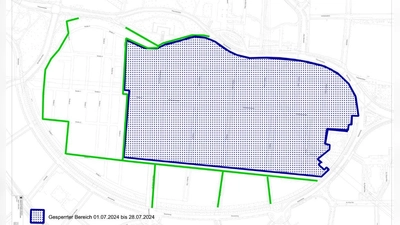 Vom 1. bis 28. Juli ist die Theresienwiese im blau markierten Bereich gesperrt. Sie kann nur parallel zur Matthias-Pschorr-Straße auf der Straße 5 hinter dem Käfer- und Weinzelt überquert werden (grüne Wege). (Grafik: LHM)