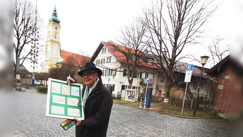 Exakter Stadtchronist mit Pinsel und Stift: Paul Pfennings Motive-Sammlung ist äußerst reichhaltig. Hier am Pfanzeltplatz weilt er besonders gern. (Foto: RedP)
