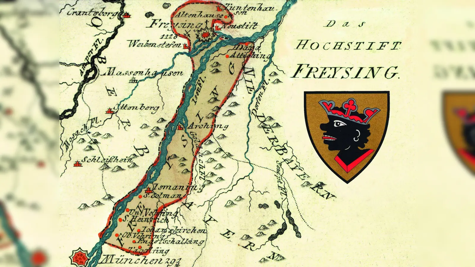 Historische Karte des ehemaligen Hochstifts Freysing. Eine Wanderausstellung beschäftigt sich mit der Gründung der Grafschaft Ysarrain vor 700 Jahren. (Foto: NordOstKultur)