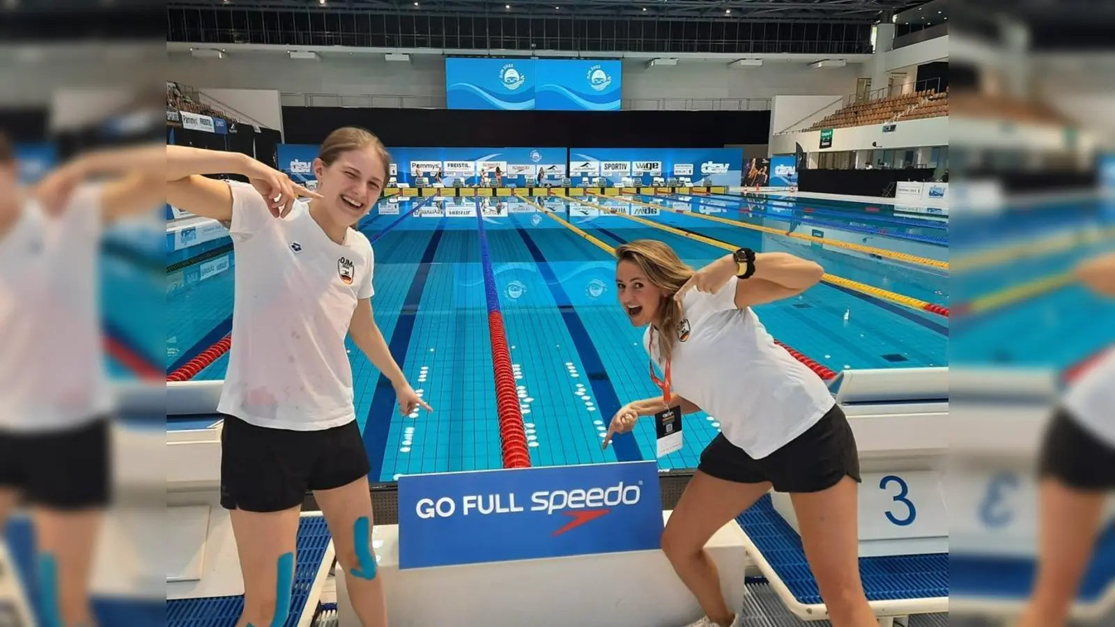 Zum letzten Mal durfte Felicitas Holderer (l.) bei den Deutschen Jahrgangsmeisterschaften an den Start gehen. Trainerin Renata Willi fieberte mit. (Foto: SSG Neptun Germering)