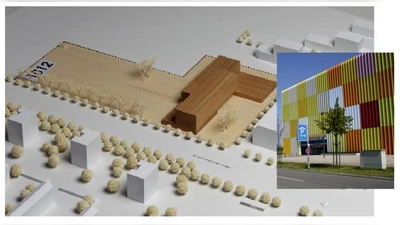 Hinter dem Einkaufszentrum Mira (kl. Bild, r.) an der Schleißheimer Straße will die Stadt auf dem Areal der früheren Panzerwiese das Schulzentrum Nordhaide bauen. 	Simulation:  (Baureferat/Foto: ws)