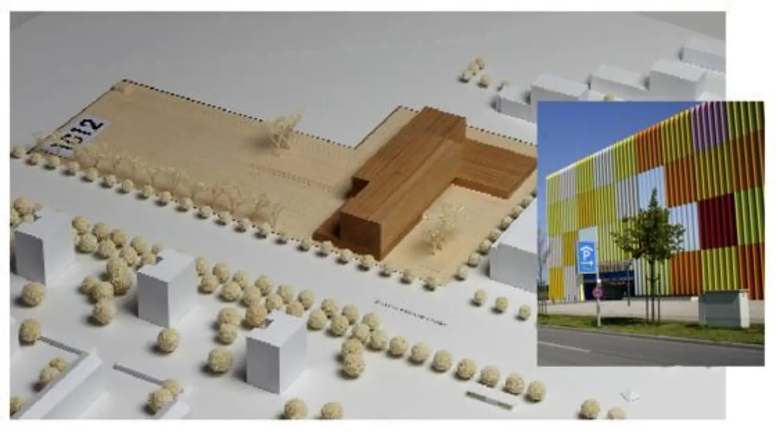 Hinter dem Einkaufszentrum Mira (kl. Bild, r.) an der Schleißheimer Straße will die Stadt auf dem Areal der früheren Panzerwiese das Schulzentrum Nordhaide bauen. 	Simulation:  (Baureferat/Foto: ws)