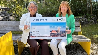 Kira Wüsten, geschäftsführende Vorständin von siaf (links), und Gabriele Jahn, SWM-Geschäftsführerin Personal, Immobilien, Bäder, freuen sich über die große Spende für alleinerziehende Frauen und ihre Kinder. (Foto: SWM)