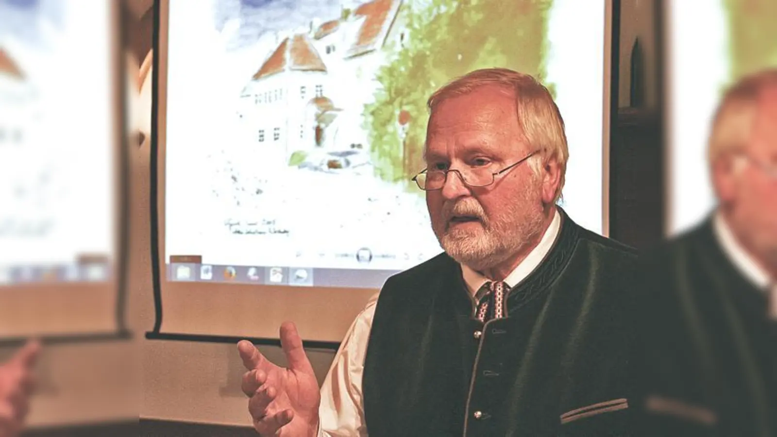 Er ist der Ideengeber: Norbert Hartmann, Vorsitzender des Vereins »Wittelsbacher Jagdhaus«. Im Hintergrund ein Gemälde des umstrittenen Baus. 	 (Foto: kw)