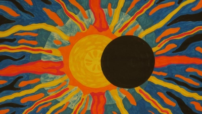 Gerhard Laub zeigt farbenstarke Biller wie dieses, unter dem Titel „Sonnenfinsternis“, in der Stadtbibliothek Laim. (Foto: Gerhard Laub )