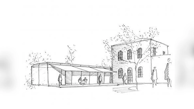 Das Pumpenhäusl selbst ist zu klein für ein Restaurant plus Lager, Küche und Sanitäranlagen. Deshalb soll das Gebäude einen Anbau aus Glas und Stahl bekommen. Die Skizze zeigt die Südansicht des geplanten Gebäudekomplexes. (Foto: privat)