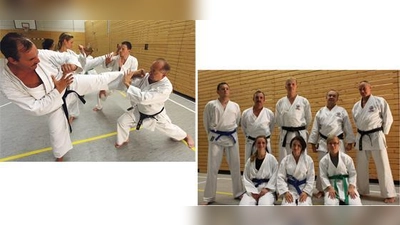 Der Fußstoß von den Trainern Harald und Jaro demonstriert die so genannte Sokto-geri Übung. Foto rechts: Die Trainer des SV Olympiadorf Karate lehren die chinesische Kampfkunst, die von Jung bis Alt erlernt werden kann.  (Foto: SV Olympiadorf München e.V.)