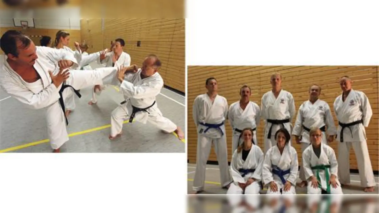 Der Fußstoß von den Trainern Harald und Jaro demonstriert die so genannte Sokto-geri Übung. Foto rechts: Die Trainer des SV Olympiadorf Karate lehren die chinesische Kampfkunst, die von Jung bis Alt erlernt werden kann.  (Foto: SV Olympiadorf München e.V.)