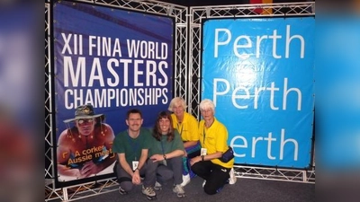 Die Neptun-Weltmeisterschaftsteilnehmer/innen in Australien: (von links) Michael Feldmann, Bettina Keller, Maren Piskora und Jutta Fiedler. (Foto: pi)