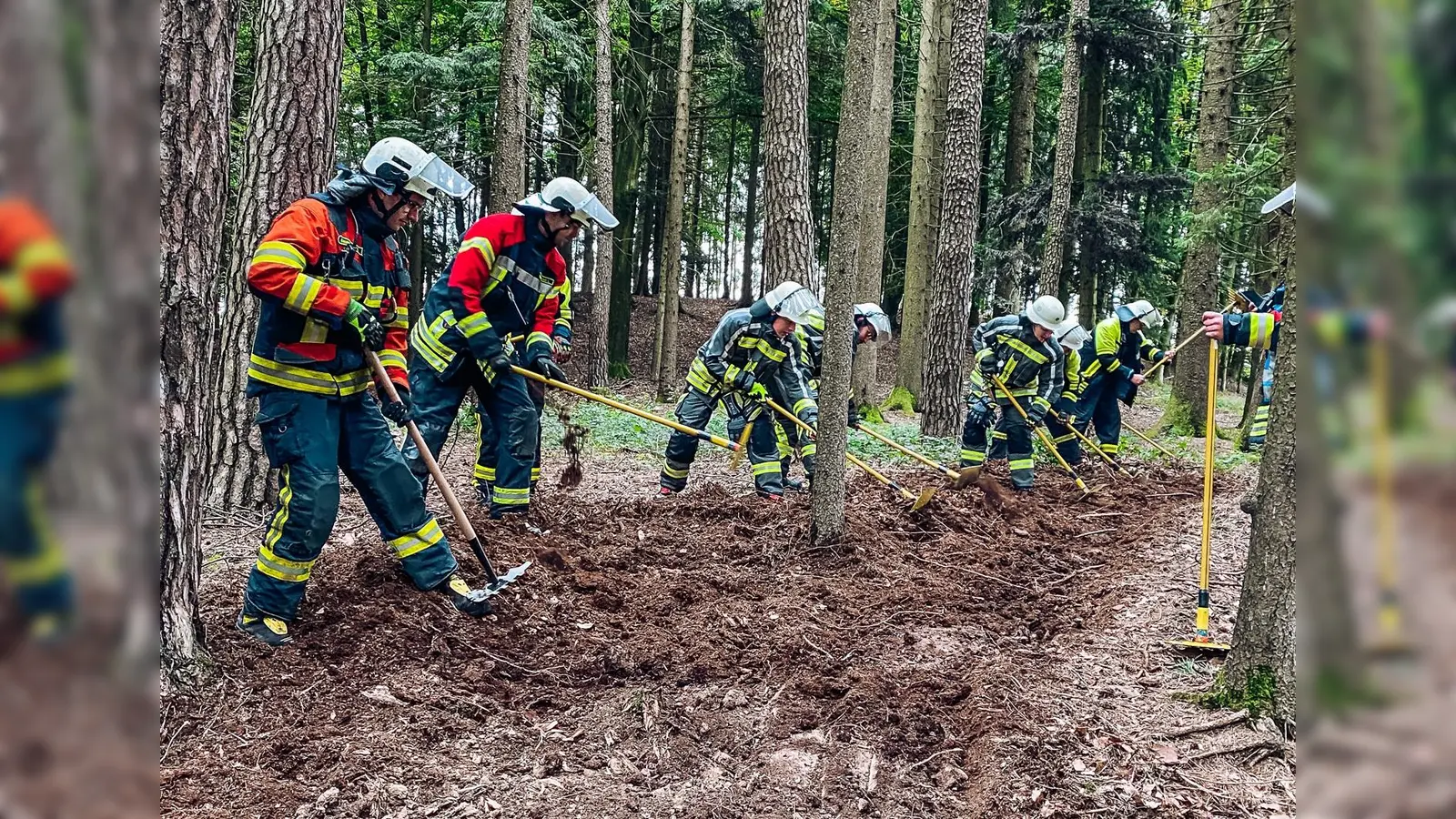 Die Feuerwehrler übten auch das Anlegen eines Wundstreifens im Wald. (Foto: KBI Dachau)