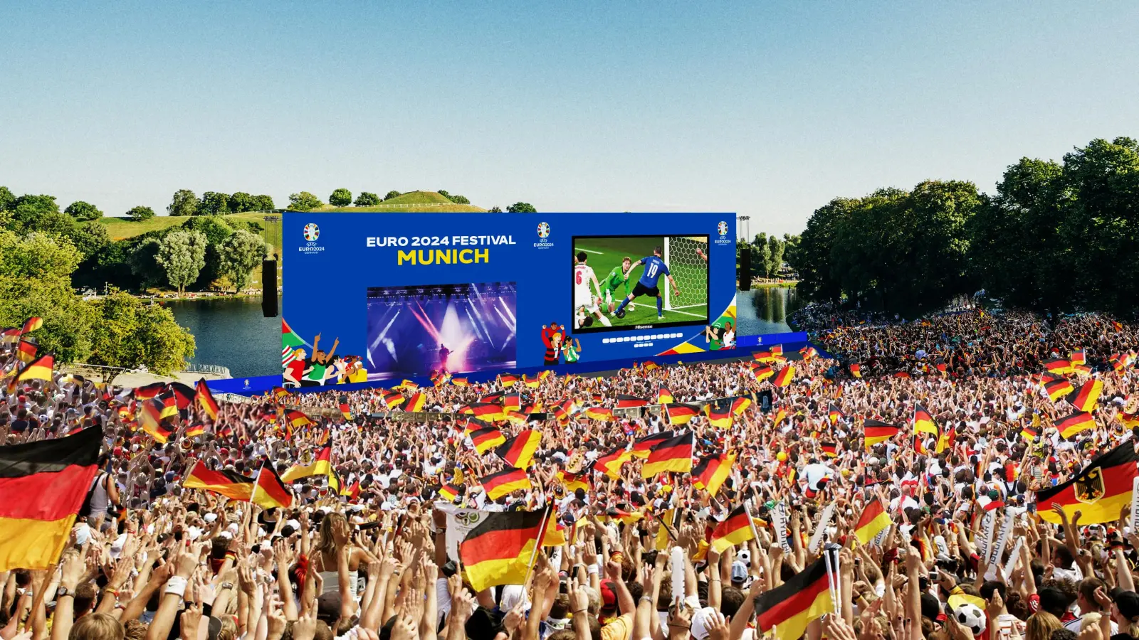 So ähnlich wird es beim Public Viewing in der Fan Zone im Olympiapark aussehen. Auf riesigen Bildschirmen werden die Spiele live übertragen. (Foto: Fan Zone Olympiapark )
