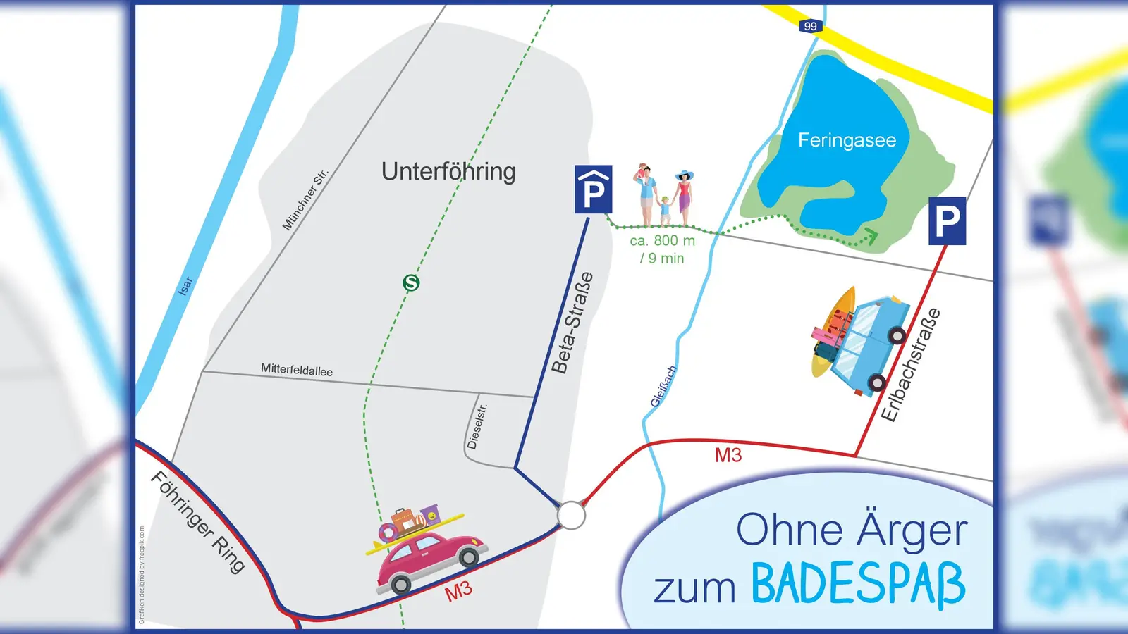 Für die Zufahrt zum Feringasee gibt es zwei legale Parkmöglichkeiten. (Grafik: Gemeinde Unterföhring)