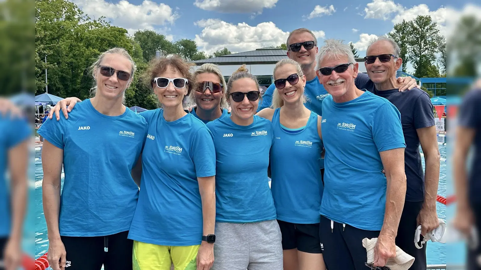 Erfolgreich für die SG Stadtwerke München in Landshut angetreten (v.l.): Katja Otto, Petra Kröger, Ariane Boldt, Karin Bartel, Kathrin Gliesche, Oleksandr Valinkevych, Michael Platz und Reinhard Unterberg. (Foto: Ulrike Brux)