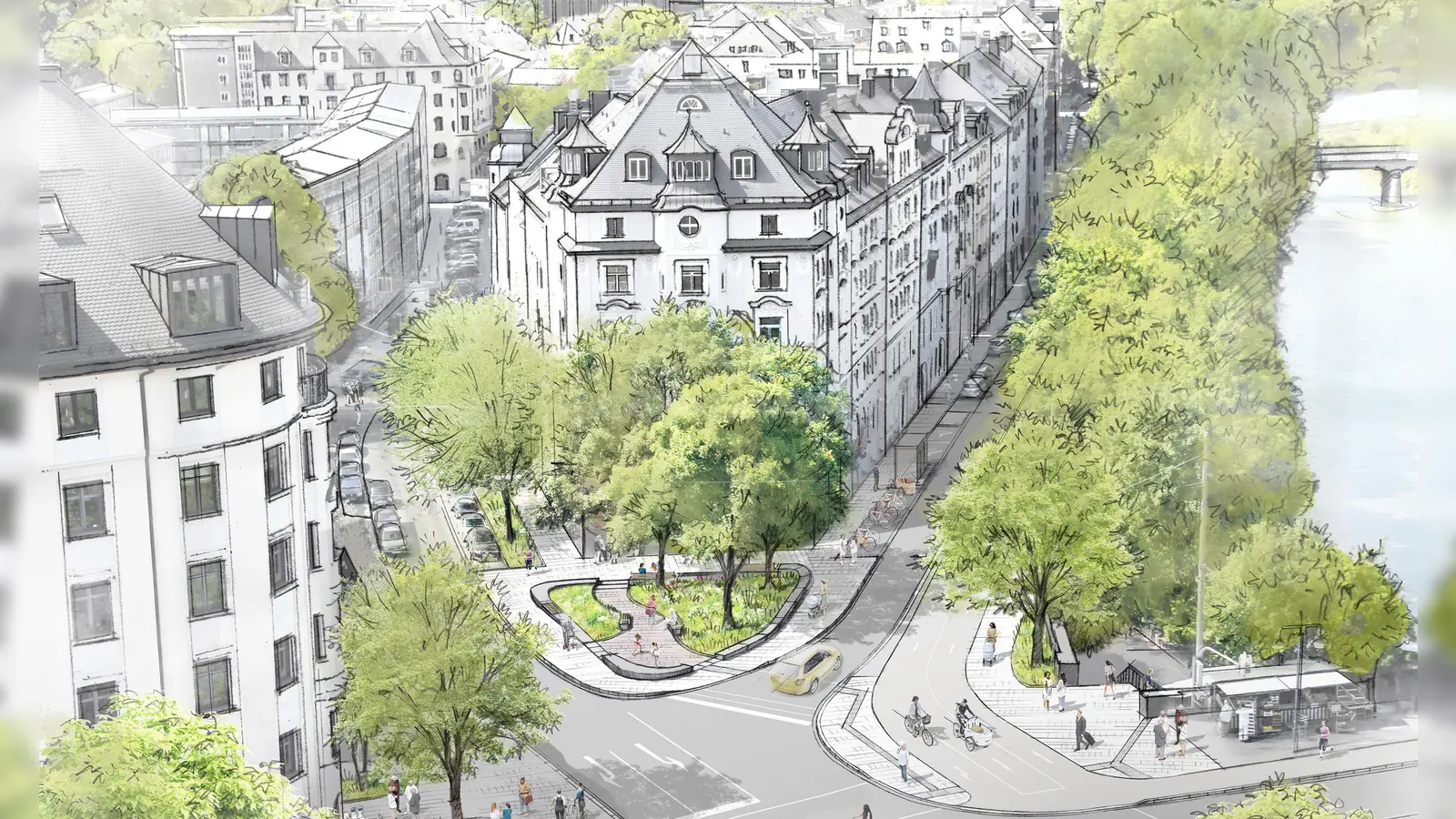 Die Visualisierung zeigt, wie der kleine Platz vor den „Museum Lichtspielen“ (Mitte) künftig aussehen soll. Links verläuft die Lilienstraße. (Bild: kübertlandschaftsarchitektur)