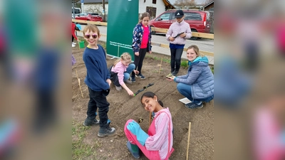 Die Kinder haben Spaß beim Pflanzen. (Foto: Stapel)