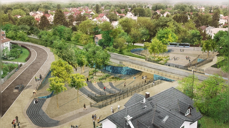 So werden die Bahnunterführung (Mitte, blau) und das Gelände drumherum einmal aussehen. Die Neugestaltung soll zu mehr Sicherheit und Aufenthaltsqualität führen. Baubeginn ist Anfang 2026. (Visualisierung: : Baureferat.)