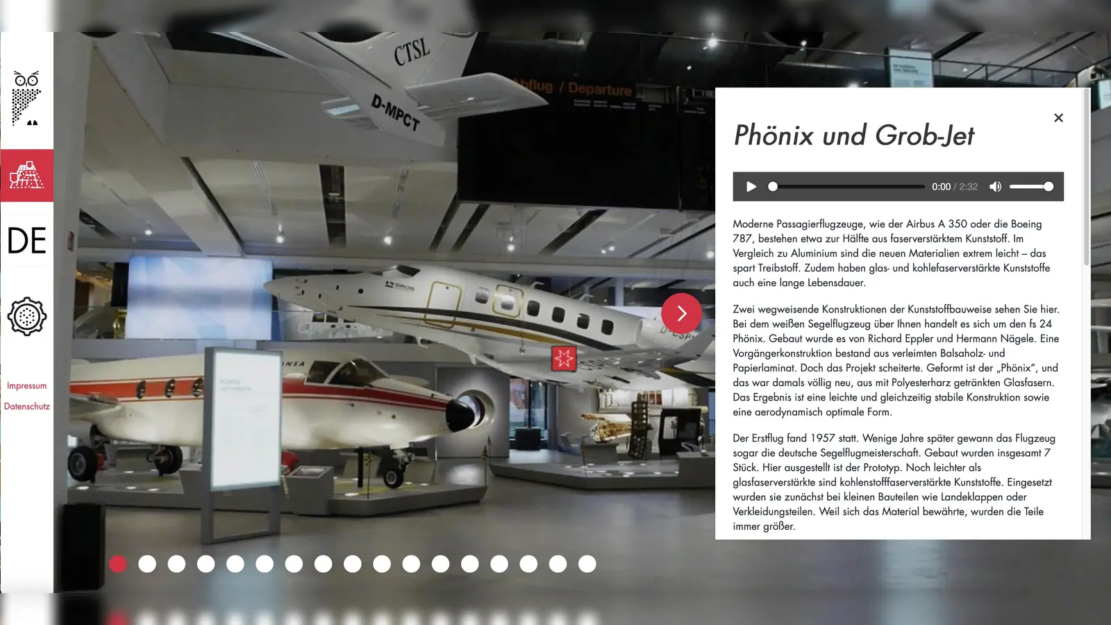 Virtuell unterwegs durchs Deutsche Museum: Hier ein Blick in die Ausstellung „Moderne Luftfahrt” – mit eingeblendeten Zusatzinformationen und Audiospur. (Foto: © Deutsches Museum )