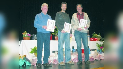 Die drei Erstplatzierten beim Schafkopfrennen der Siedlergemeinschaft Karlsfeld-Nord: Erich Eberl (li.), Ulrich Ernst und Jakob Hundhammer (re.) (Foto: pi)