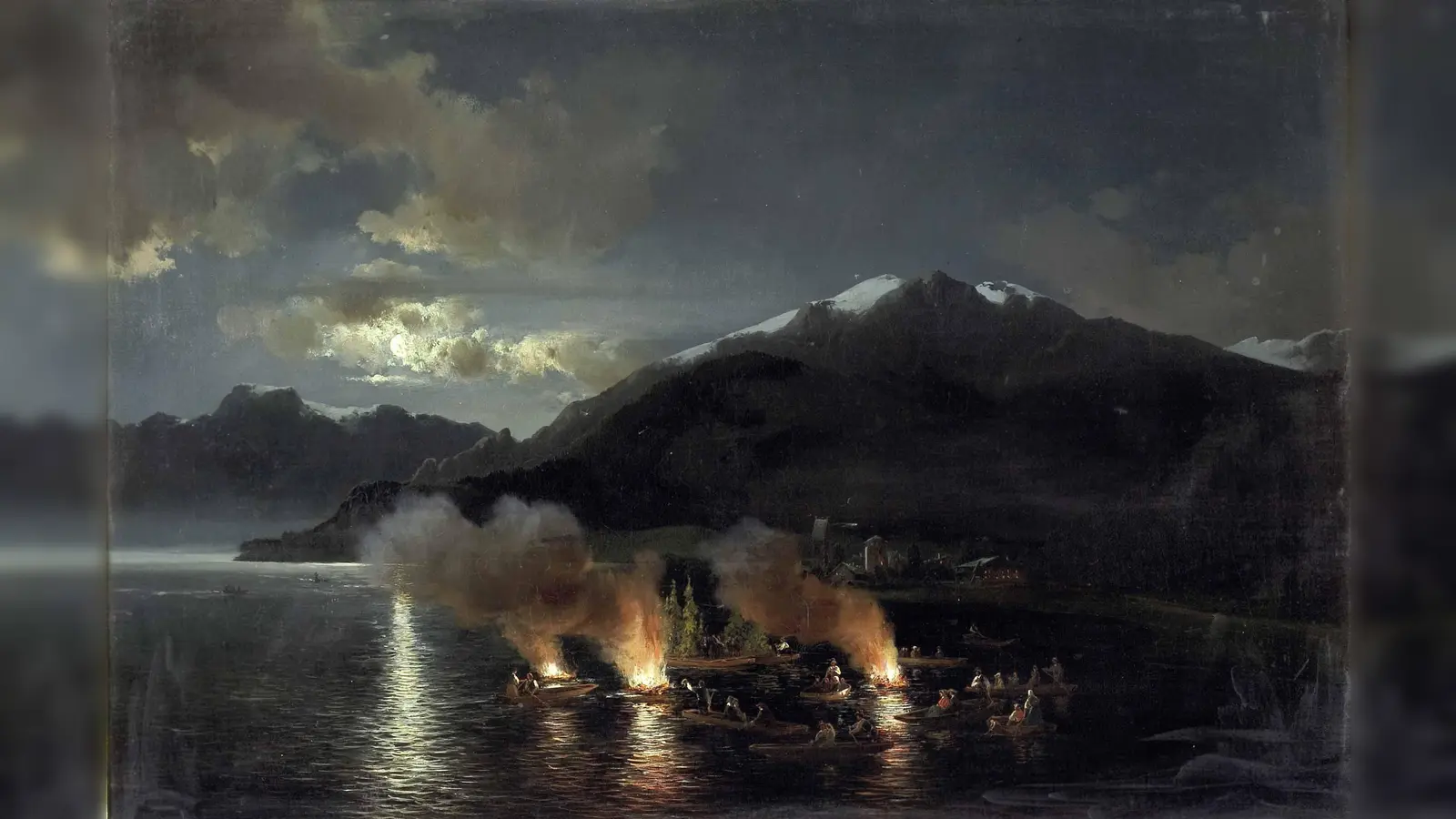 Besonders spektakulär sind Sonnwendfeuer auf einem See, hier auf einem Ölbild von Joseph Brunner. (Foto:  Joseph Brunner)