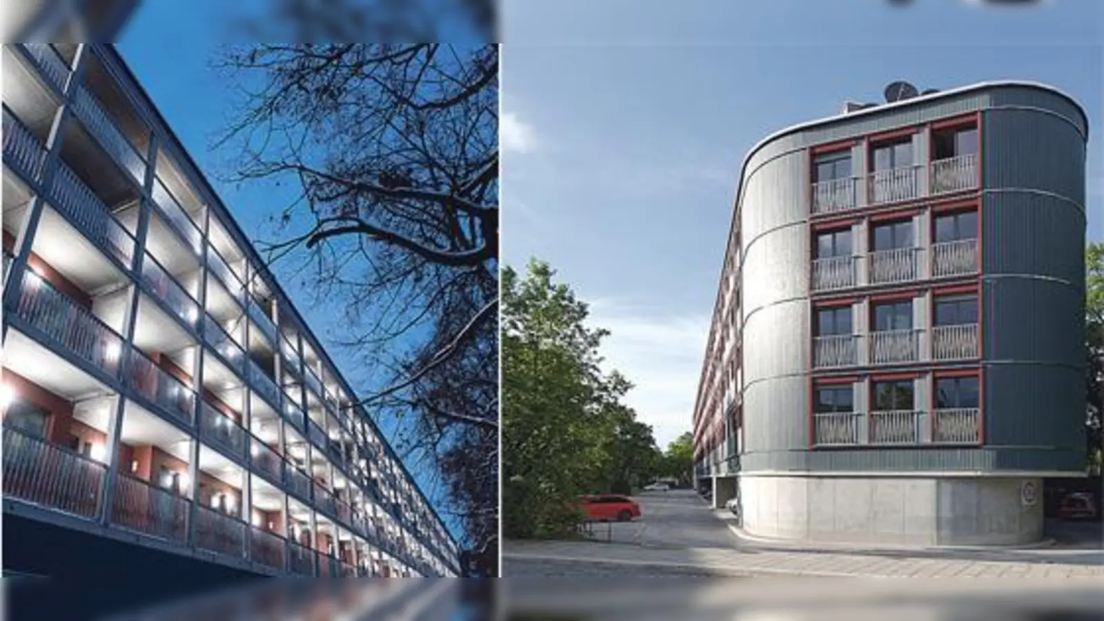 Das Pilotprojekt der GEWOFAG am Dantebad mit seinen Laubengängen bei Nacht wurde mit dem Bauherrenpreis ausgezeichnet. Foto rechts: Die öffentlichen Parkplätze unter dem Wohnhaus am Dantebad können wieder genutzt werden.  (Foto: Lukas Barth/Roland Weegen)