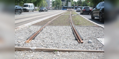Vom Romanplatz bis zur Gaßnerstraße ist ein ganz kleines Stück Westtangente schon fertig. Hier wird 2027/28 der durch die Wotanstraße verlaufende Gleisabschnitt angeschlossen. (Foto: job)