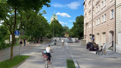 Deutlich mehr Platz als bisher soll der Fuß- und Radverkehr in der nördlichen Zeppelinstraße bekommen, wie diese Visualisierung zeigt. (Foto: © winhard 3d)