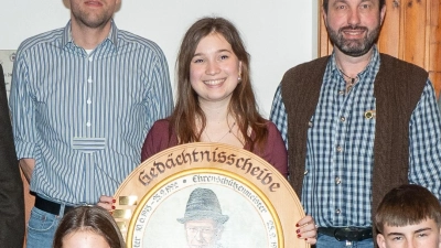 Die stolzen Sieger des Königsschießens 2024 (stehend v.l.) Franz Xaver Rott, Maximilian Birzle, Jasmin Pinsberger, Oskar Pinsberger, Schützenmeister Michael Bauer sowie (sitzend v.l.) Katharina Stickl, Annabelle Bartl und Thomas Pedley. (Foto: SSV Marnbach-Deutenhausen)