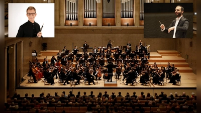 Benefizkonzert der Neuen Philharmonie München unter Leitung von Kiril Stankow. Solist ist der 24-jährige Oboist Lennart Höger. (Quelle: Orchester © Sabine Weinert-Spieß, Dirigent Kiril Stankow ©Tobias Eggensberger)