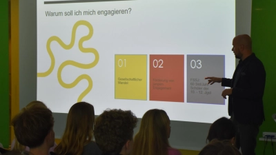 Tobias Sicheneder, Geschäftsführer Nachbarschaftshilfe Grünwald e.V., gibt den Gymnasiasten einen Einblick in die Zielsetzung des FSSJ-Projekts. (Foto: Wiebke Langer)