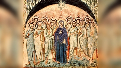 Der Heilige Geist, der über die Jünger Jesu Christi kommt, wird in der Kunst meist als Taube dargestellt (oben) - so auch im Rabbula-Evangeliar, einer Pergament-Handschrift der vier Evangelien aus dem 6. Jahrhundert. (Foto: gem)