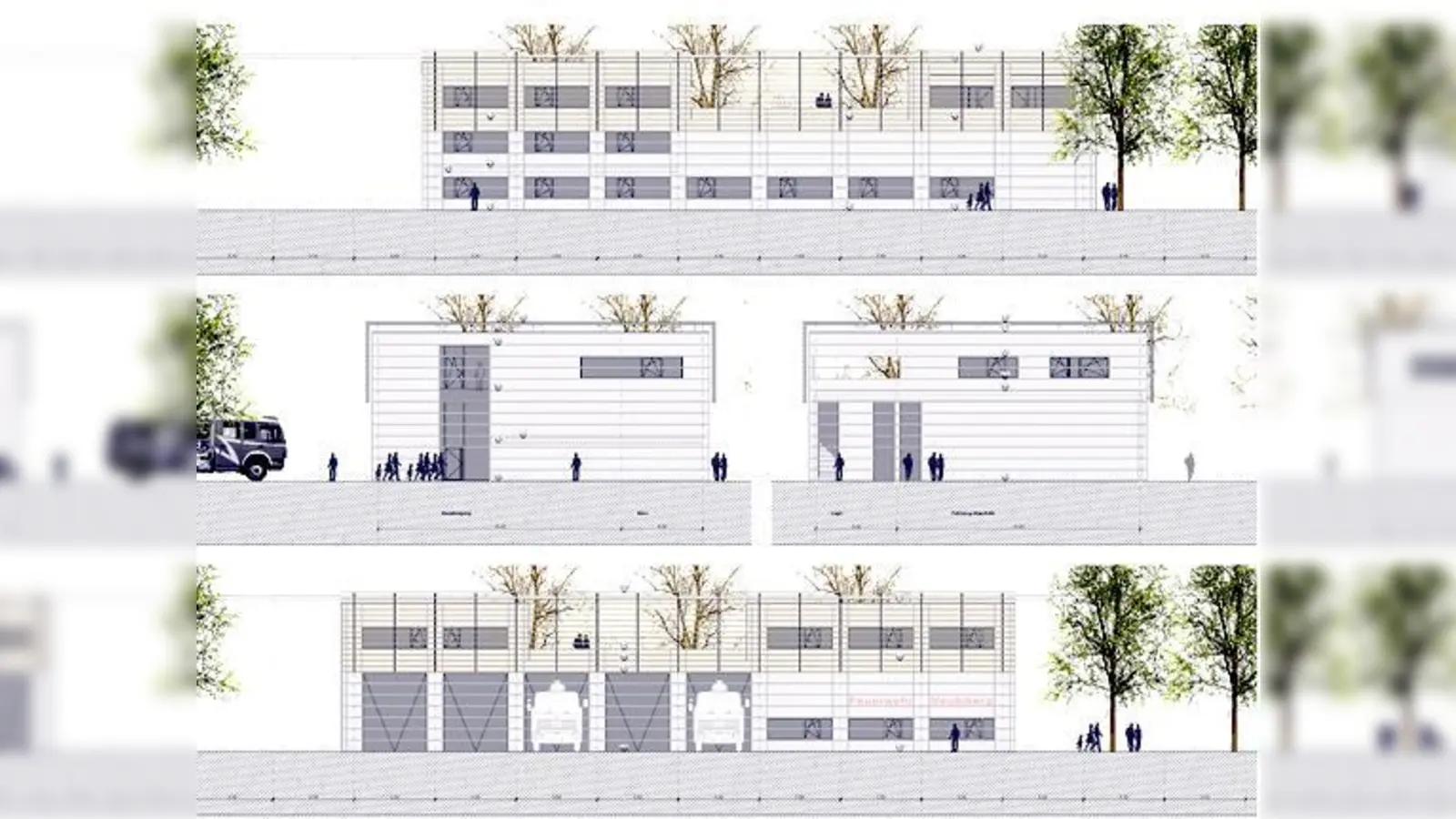 Das neue Feuerwehrhaus Unterbiberg in Ansichten von Westen (oben), Norden und Süden (Mitte) und Osten (unten). 	 (Foto: Schaudt Architekten)