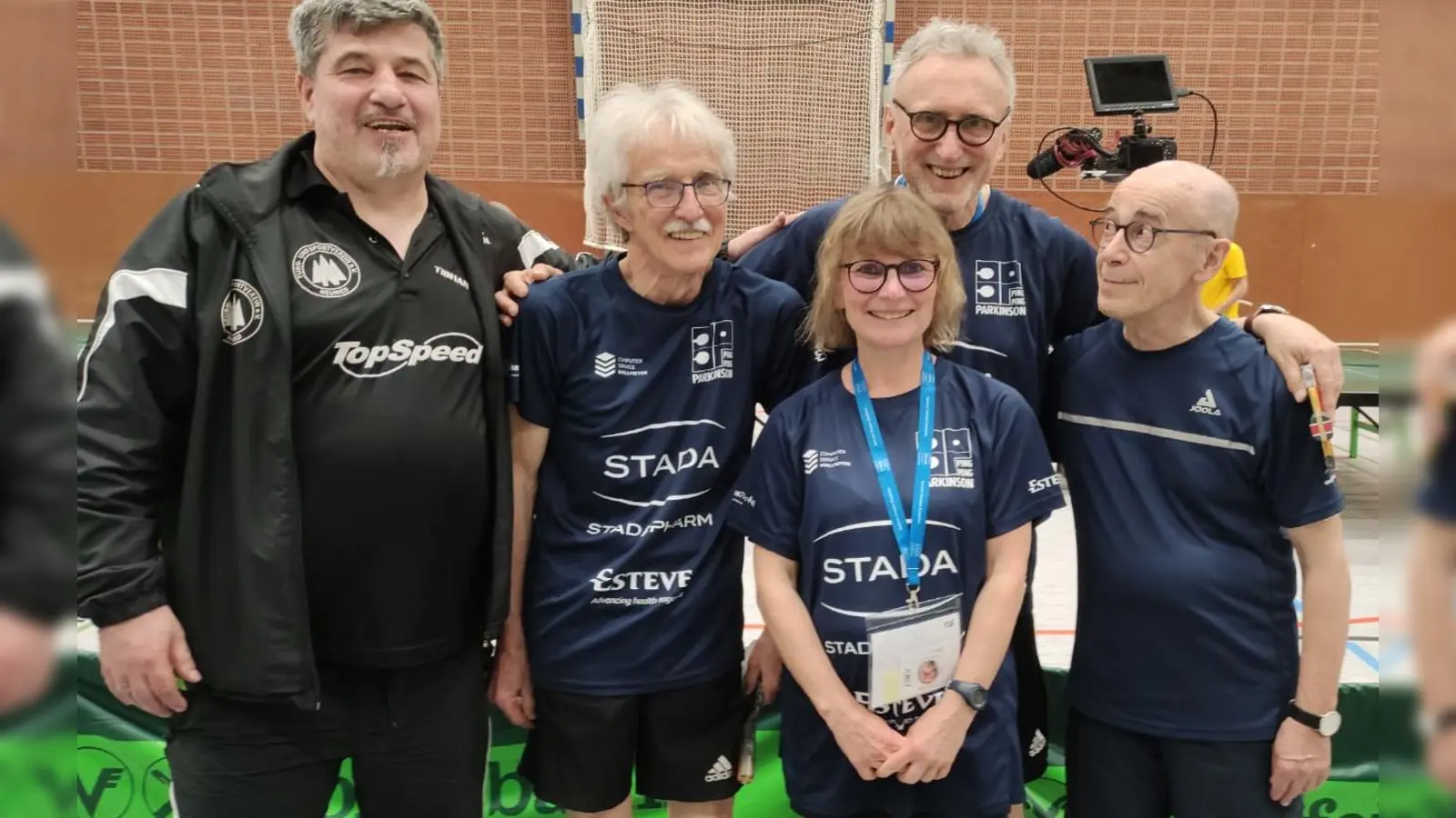 Zufriedene Gesichter beim PingPongParkinson German Open 2024 (von links): Frank Huth, Richard Sonnleitner, Ulli Heyd, Jürgen Zender und Ernst Hillenkamp. (Foto: Huth)