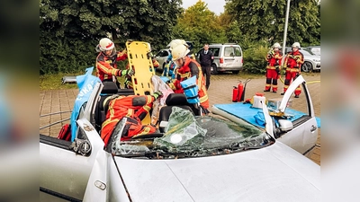 Die Trupps mussten eine im Fahrzeug eingeklemmte Person mit hydraulischem Gerät möglichst schonend bergen.  (Foto: KBI Dachau)