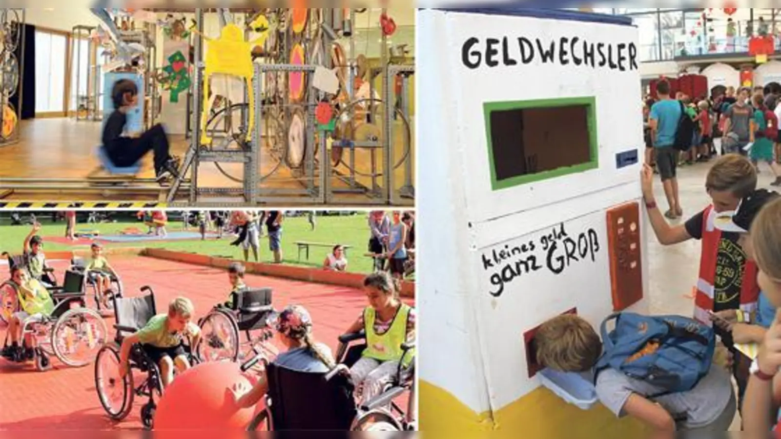 Ob Rollstuhlball bei »Kicklusion« (links oben), die »Mitmachmaschine« im Hauptbahnhof (links unten) oder Mini-München im Olympiapark: In den Sommerferien ist einiges geboten.   (Foto: Mobilspiel e.V, Akki e.V. (Düsseldorf), Kultur und Spielraum)