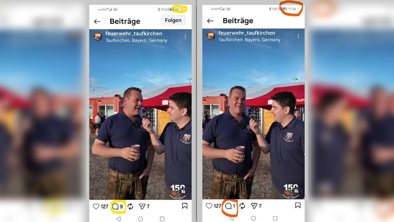 Momentaufnahme vom 19. Juni: Um 9.17 Uhr hatte dieser Feuerwehr-Clip auf Insta 9 Kommentare (links). Um 11.34 Uhr war's nur noch einer (rechts). (Foto: red)