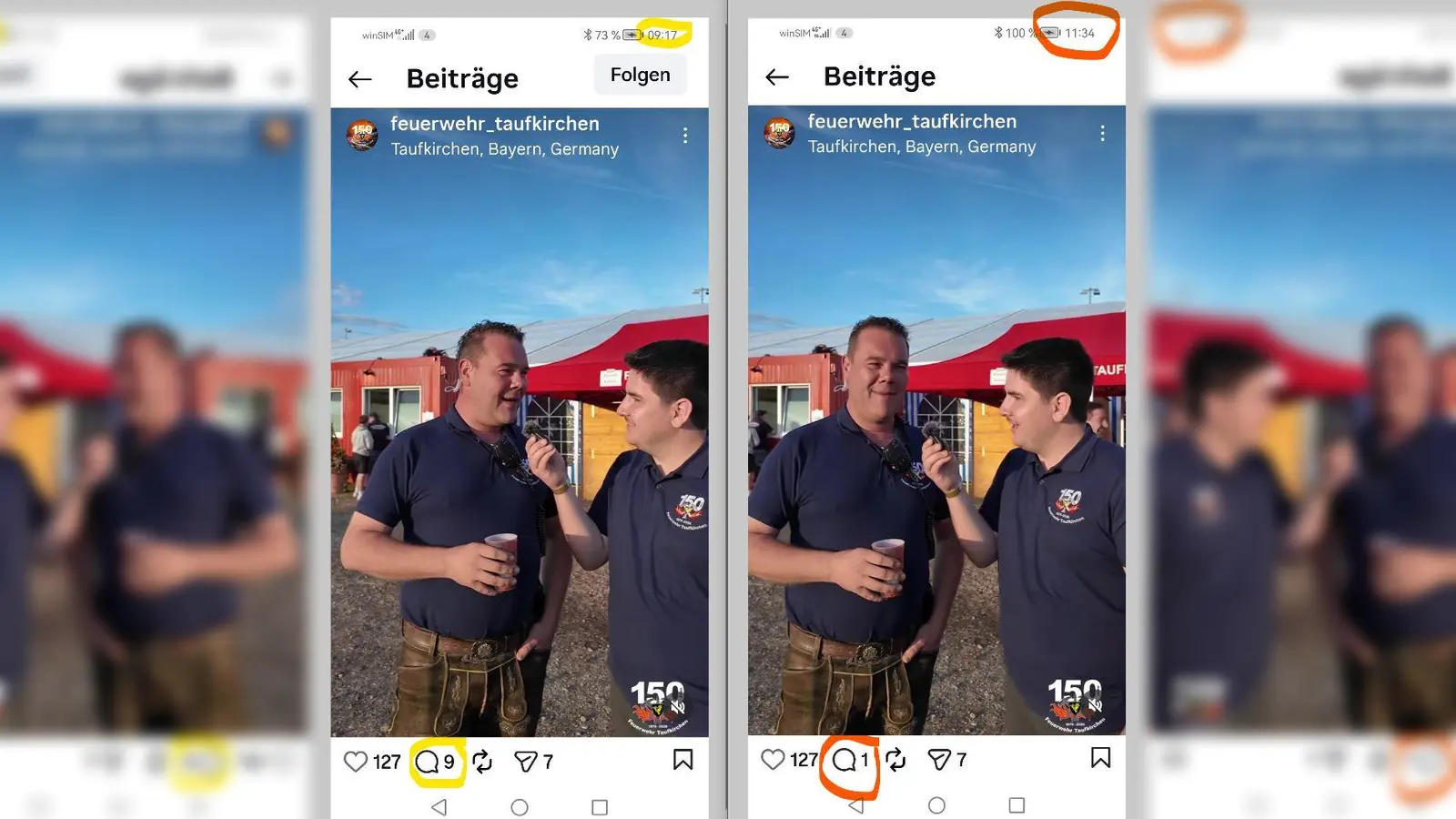 Momentaufnahme vom 19. Juni: Um 9.17 Uhr hatte dieser Feuerwehr-Clip auf Insta 9 Kommentare (links). Um 11.34 Uhr war's nur noch einer (rechts). (Foto: red)