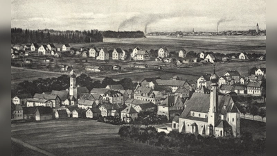 Vogelschau über St. Peter und St. Canisius (vorne rechts) im kleinen Dorf Großhadern nach Norden hin (Aufnahme aus dem Jahr 1925). (Foto: Stadtarchiv München DE-1992-FS-PK-STB-13438)