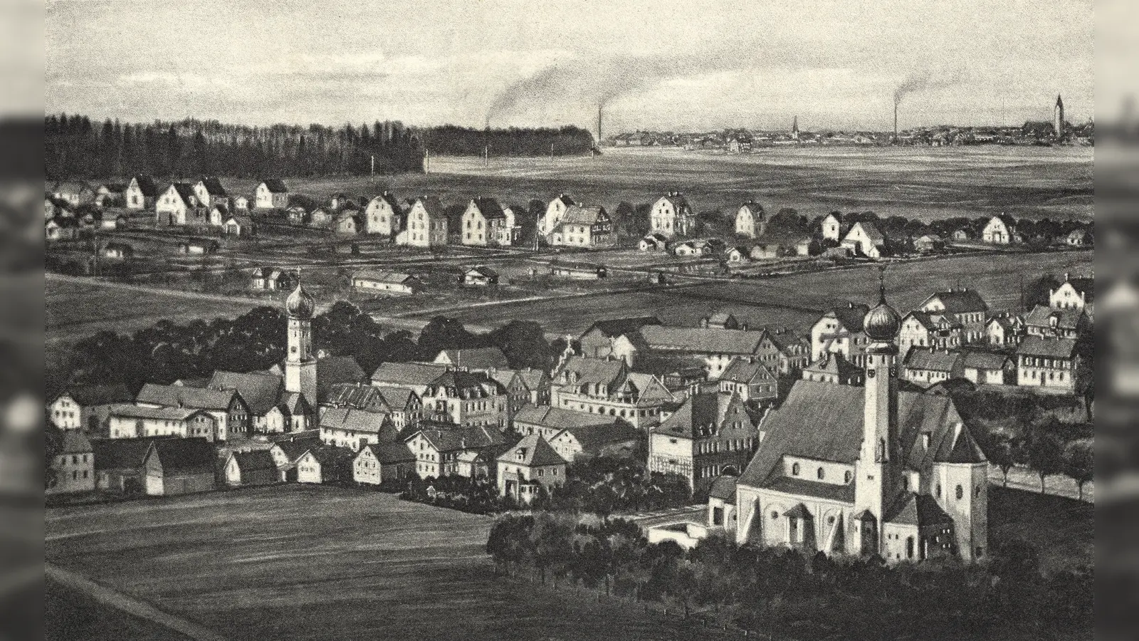 Vogelschau über St. Peter und St. Canisius (vorne rechts) im kleinen Dorf Großhadern nach Norden hin (Aufnahme aus dem Jahr 1925). (Foto: Stadtarchiv München DE-1992-FS-PK-STB-13438)