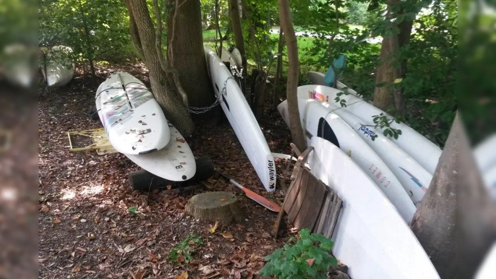 Ein Paddel, ein alter Klappstuhl und haufenweise Surfbretter: Die Freizeit-Utensilien verschandeln die Natur und werden jetzt kostenpflichtig beseitigt. (Foto: Landratsamt Starnberg)