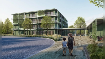 Direkt im Bogen der Elly-Staegmeyr-Straße wird sich der Zugang zum neuen Schulkomplex befinden. In der Visualisierung ist links das Schulhaus und rechts ein Teil der Sporthalle zu sehen. Dazwischen befindet sich der überdachte Verbindungsgang. (Foto: © balda architekten)