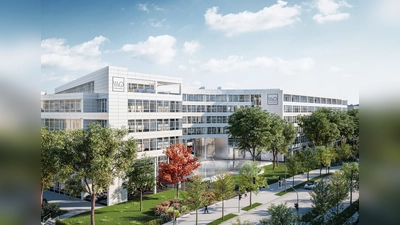 Blick von der St.-Martin-Straße aus auf das Campus-Entrée: Das Weisse Quartier soll Ende 2022 fertig umgebaut sein. (Grafik: Allgemeine SÜDBODEN Grundbesitz Verwaltung GmbH)