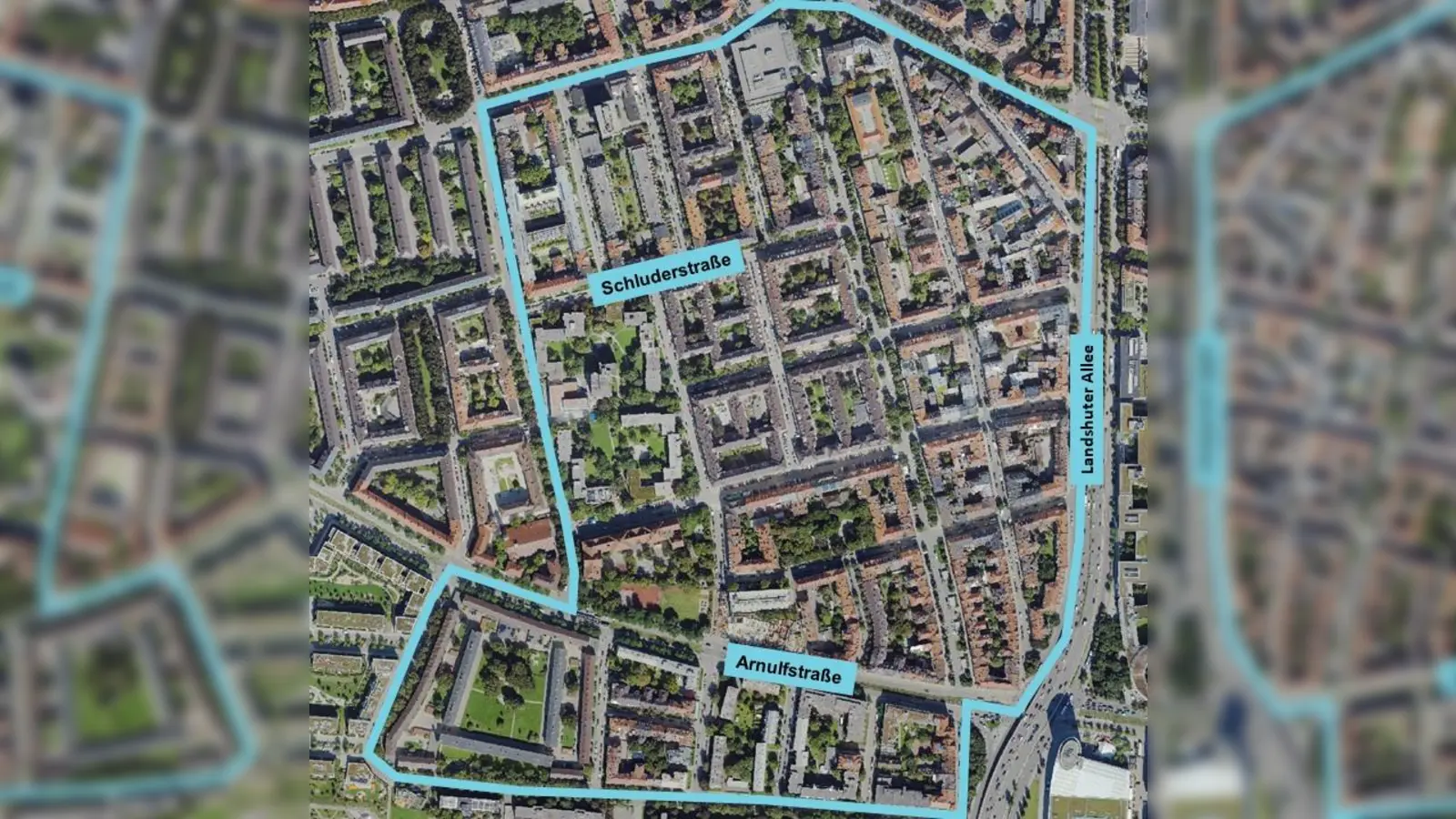 Westlich der Landshuter Allee befindet sich das Quartier Schluderstraße.  (Foto: RKU/ GeoInfoWeb)