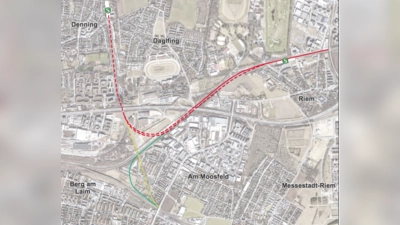 Schematische Darstellung der geplanten Daglfinger Kurve (rot), Truderinger Kurve (grün) und Truderinger Spange (gelb). (Foto: Landeshauptstadt München)