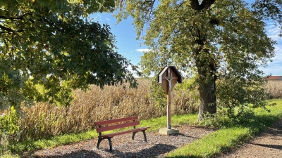 Zwischen zwei mächtigen Eichen steht das Holzkreuz an der Straße nach Germannsberg. Es wurde vor zehn Jahren aus Dankbarkeit für eine Geburt errichtet. Die Gemeinde hat dazu eine Sitzbank aufgestellt.  (Foto: pst)