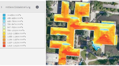 Die Globalstrahlungskarte zeigt das Solarpotenzial auf den Dächern, in diesem Fall auf dem Dach des Landratsamtes Starnberg. (Foto: Landratsamt Starnberg)