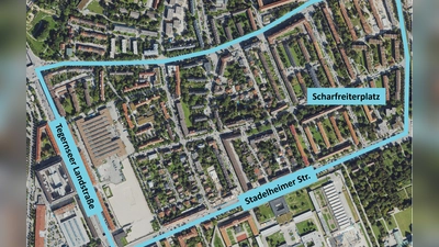 Das Quartier rund um den Scharfreiterplatz. (Foto: RKU/GeoInfoWeb)