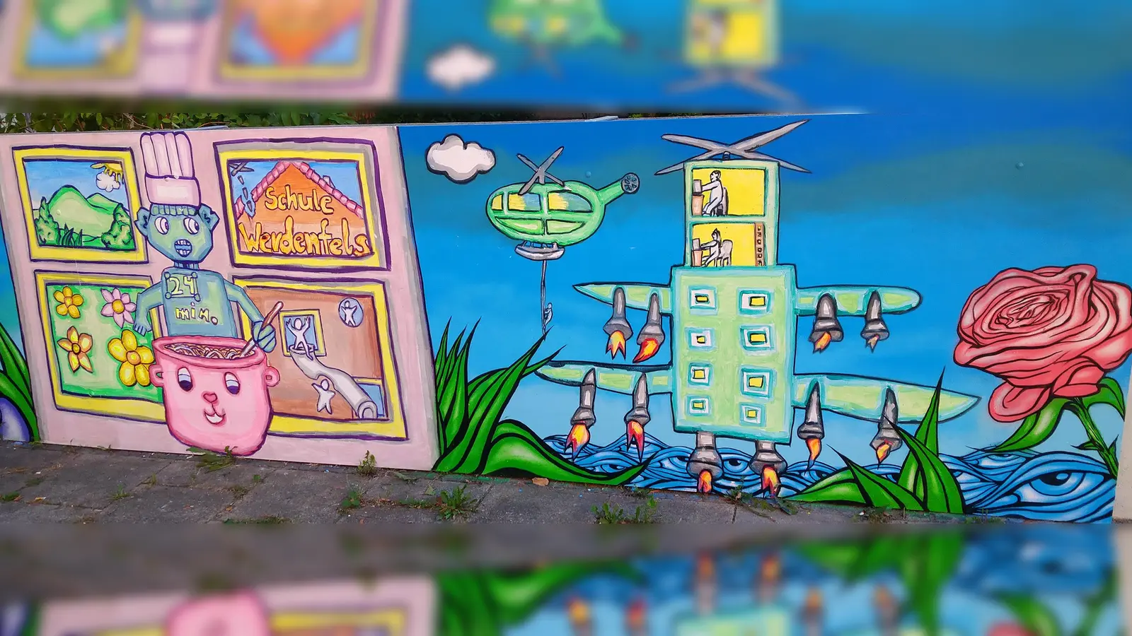 An den Außenmaurern der Gethsemanekirche ist in einer Gemeinschaftsarbeit mit Kindern und Jugendlichen sowie Martin Blumöhr ein Wandbild entstanden. Der Titel des Kunstprojekts lautet „Liberi Temporis”.  (Foto: Honig)