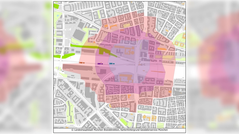 Die von der Feuerwehr vorgesehenen Sperrbereichewestlich der Donnersbergerbrücke. (Foto: LHM / Geodatenservice München)