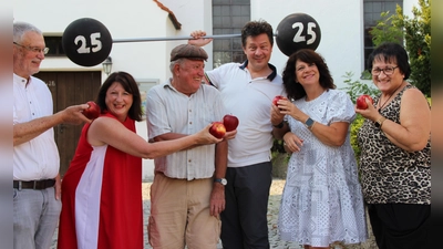 Das Ensemble 2025, (von links): Helmut Bauer, Silvia Härtl, Markus Verrecchia, Michael Schwarzbach, Andrea Fendt, Brigitte Embacher. (Foto: Martina Schwarzbach, Guichinga Dorfbühne)